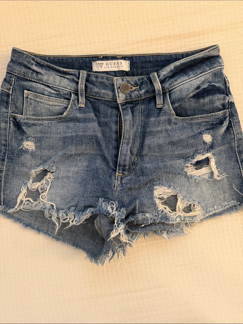 GUESS Frayed Distressed Denim Shorts - Blue Wash